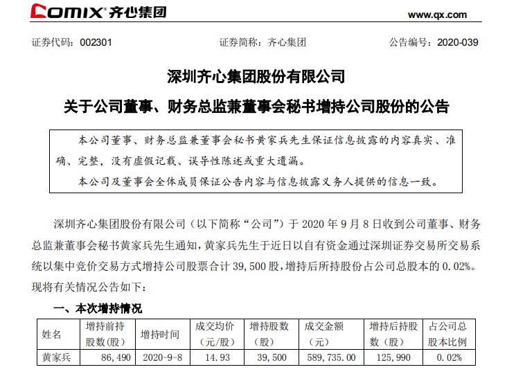 齐心集团：公司董事、财务总监兼董事会秘书增持公司股份_B2B_电商报