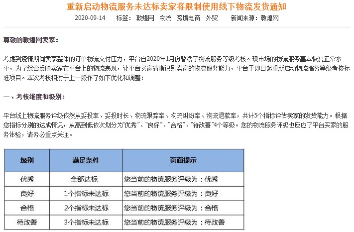 敦煌网重启卖家物流服务等级考核_B2B_电商报