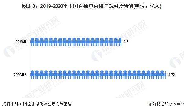 图表3：2019-2020年中国直播电商用户规模及预测(单位：亿人)