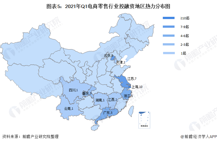 图表5：2021年Q1电商零售行业投融资地区热力分布图