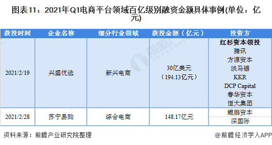 图表11：2021年Q1电商平台领域百亿级别融资金额具体事例(单位：亿元)